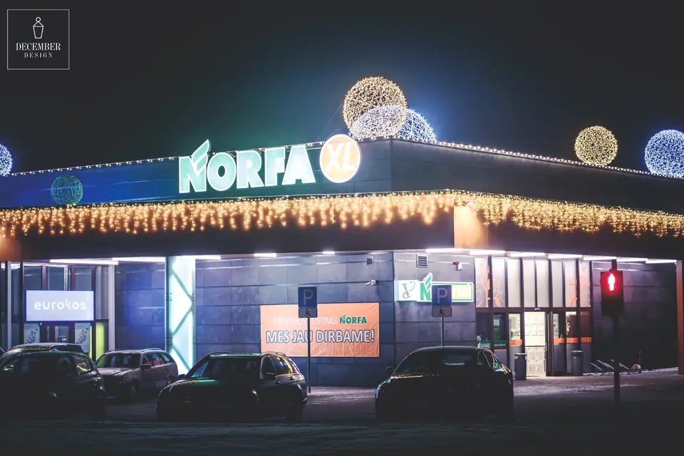 NORFA XL entrance facade with light balls and strings of icicles