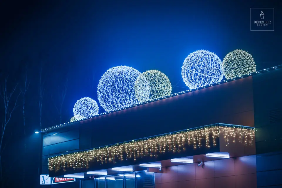NORFA shopping centre roof with large blue and warm white light balls