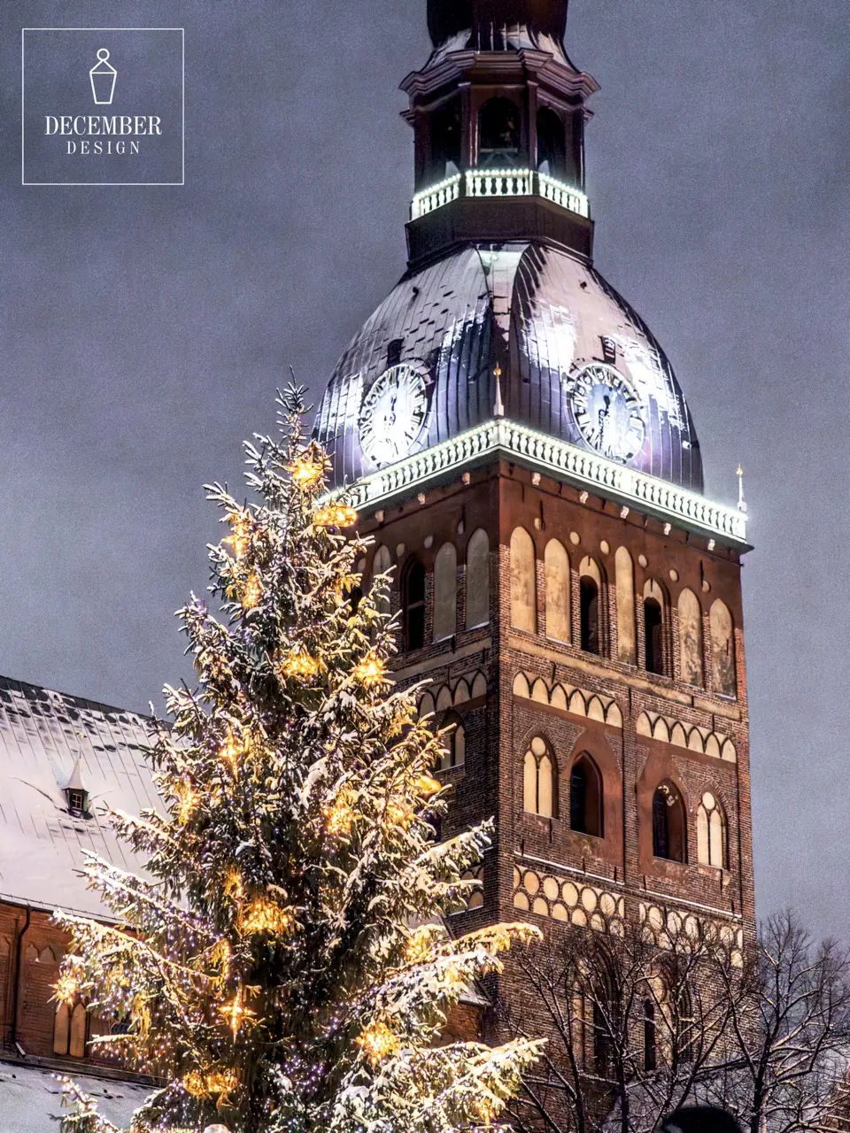 A snow-covered, illuminated fir tree near the tower of the Riga Cathedral on a winter night