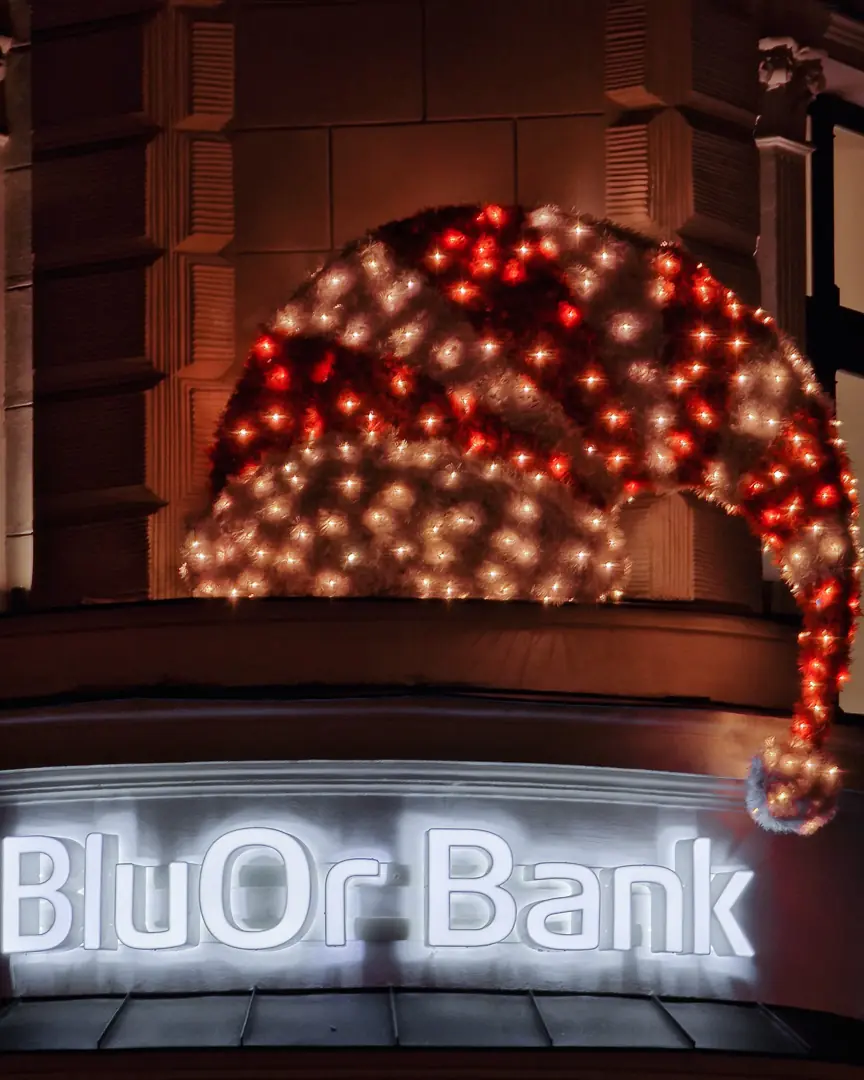 Christmas light decoration on the facade of the BluOr Bank building in Riga
