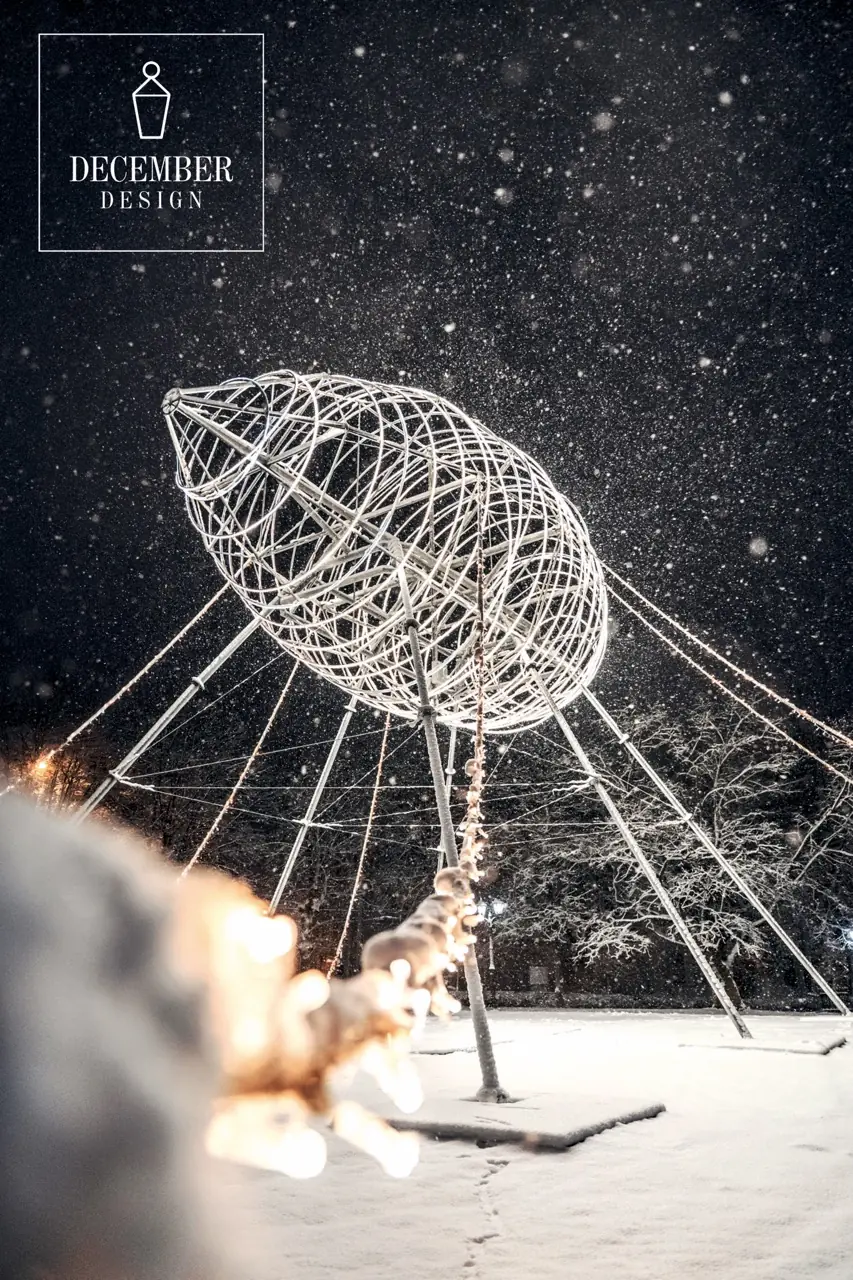 Light airship on stilts in a snowy night