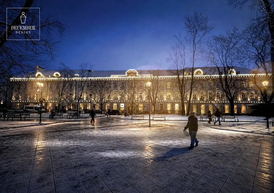 The town square in winter with an ensemble of historically illuminated buildings