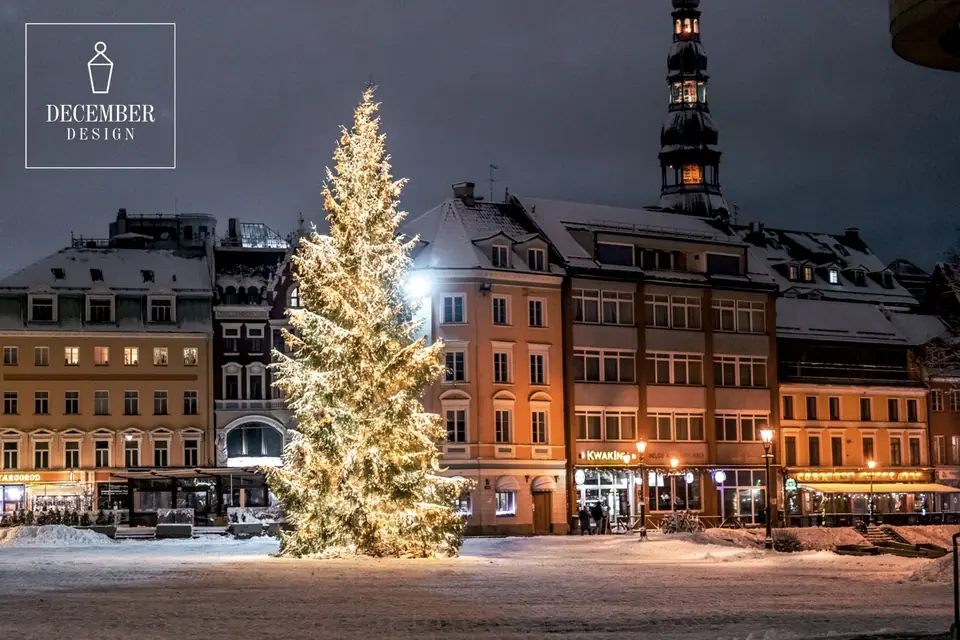 A glittering Christmas tree in the snowy Dome square in Riga at night