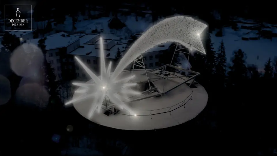 A large star of light with a comet's tail on a round snow-covered platform in Ogre